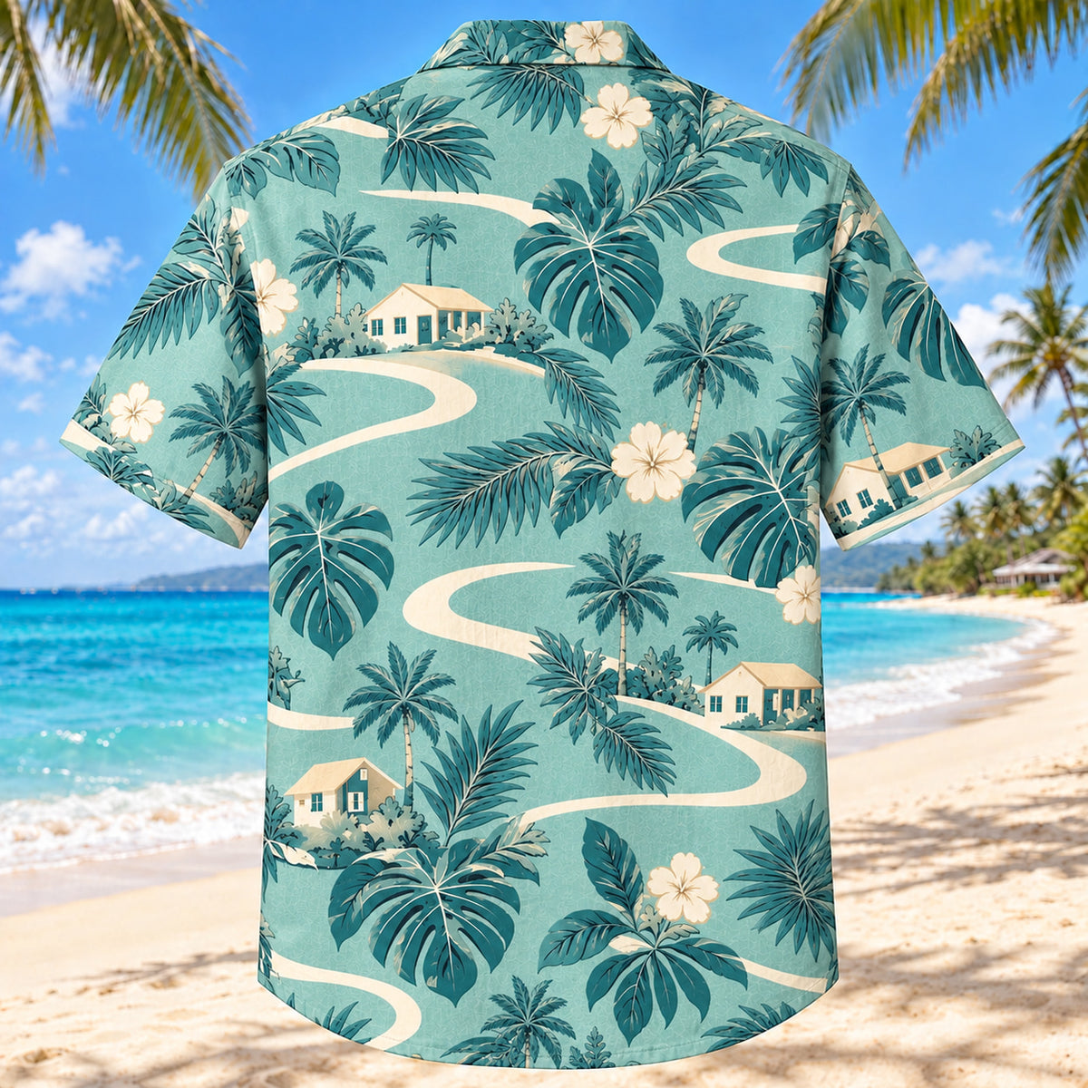 Back view of Community Wave Aqua Sand Social Worker Hawaiian Shirt on a Hawaiian beach with fine white or light yellow sand and no dark rocks