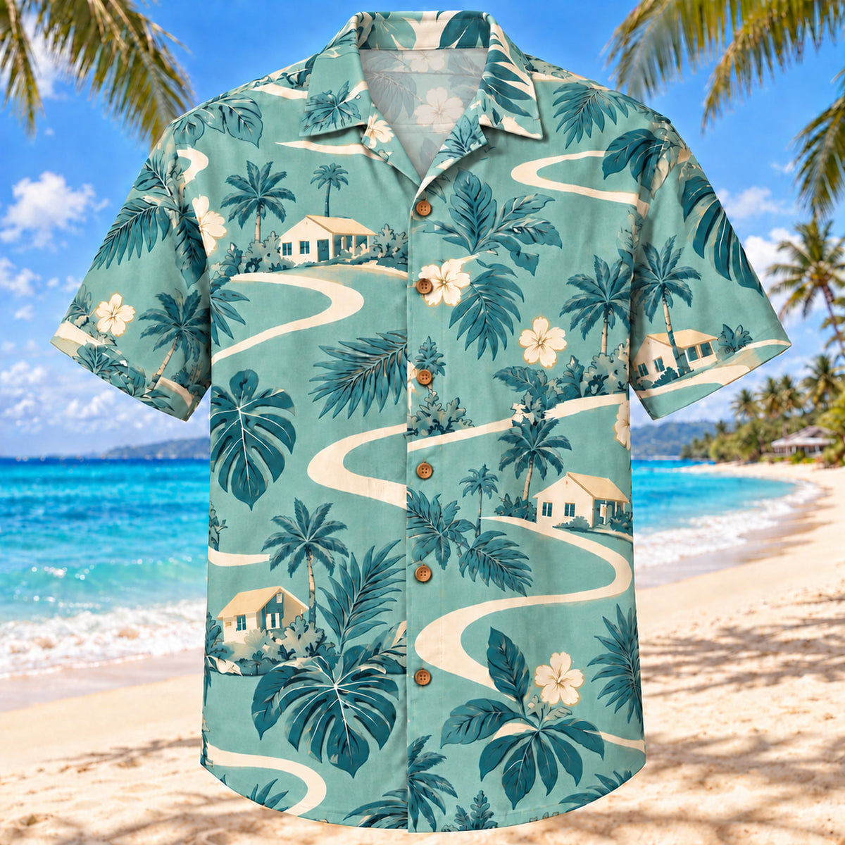 Front view of Community Wave Aqua Sand Social Worker Hawaiian Shirt on a Hawaiian beach with fine white or light yellow sand and no dark rocks