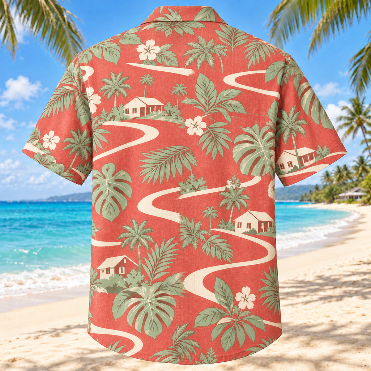 Back view of Community Wave Coral Sage Social Worker Hawaiian Shirt with matching artwork in soft coral, sage, cream