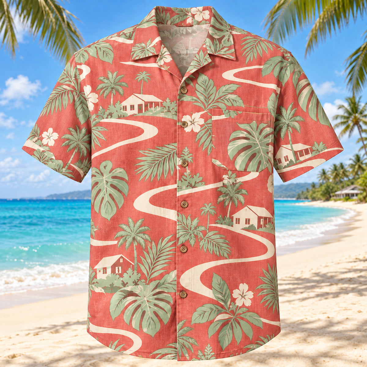 Front view of Community Wave Coral Sage Social Worker Hawaiian Shirt with original abstract linking paths, simple homes and tropical leaves with no organization marks