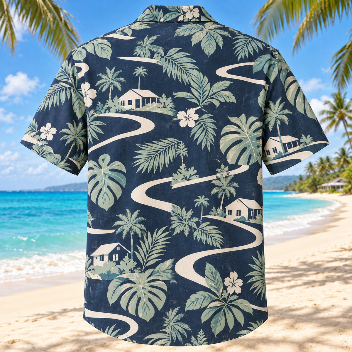 Back view of Community Wave Navy Cream Social Worker Hawaiian Shirt with matching artwork in navy, warm ivory, pale seafoam