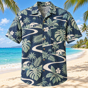 Front view of Community Wave Navy Cream Social Worker Hawaiian Shirt with original abstract linking paths, simple homes and tropical leaves with no organization marks