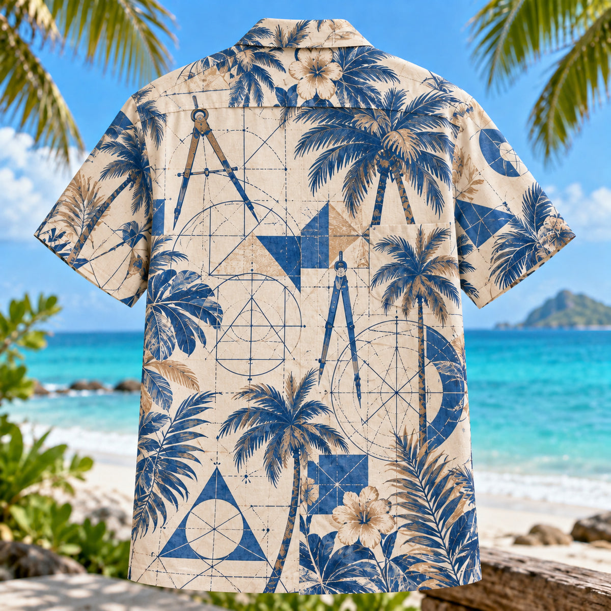Back view of Compass Construction Mathematics Hawaiian Shirt with matching artwork in cobalt, tan, cream