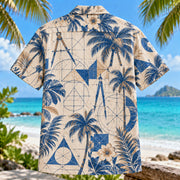 Back view of Compass Construction Mathematics Hawaiian Shirt with matching artwork in cobalt, tan, cream