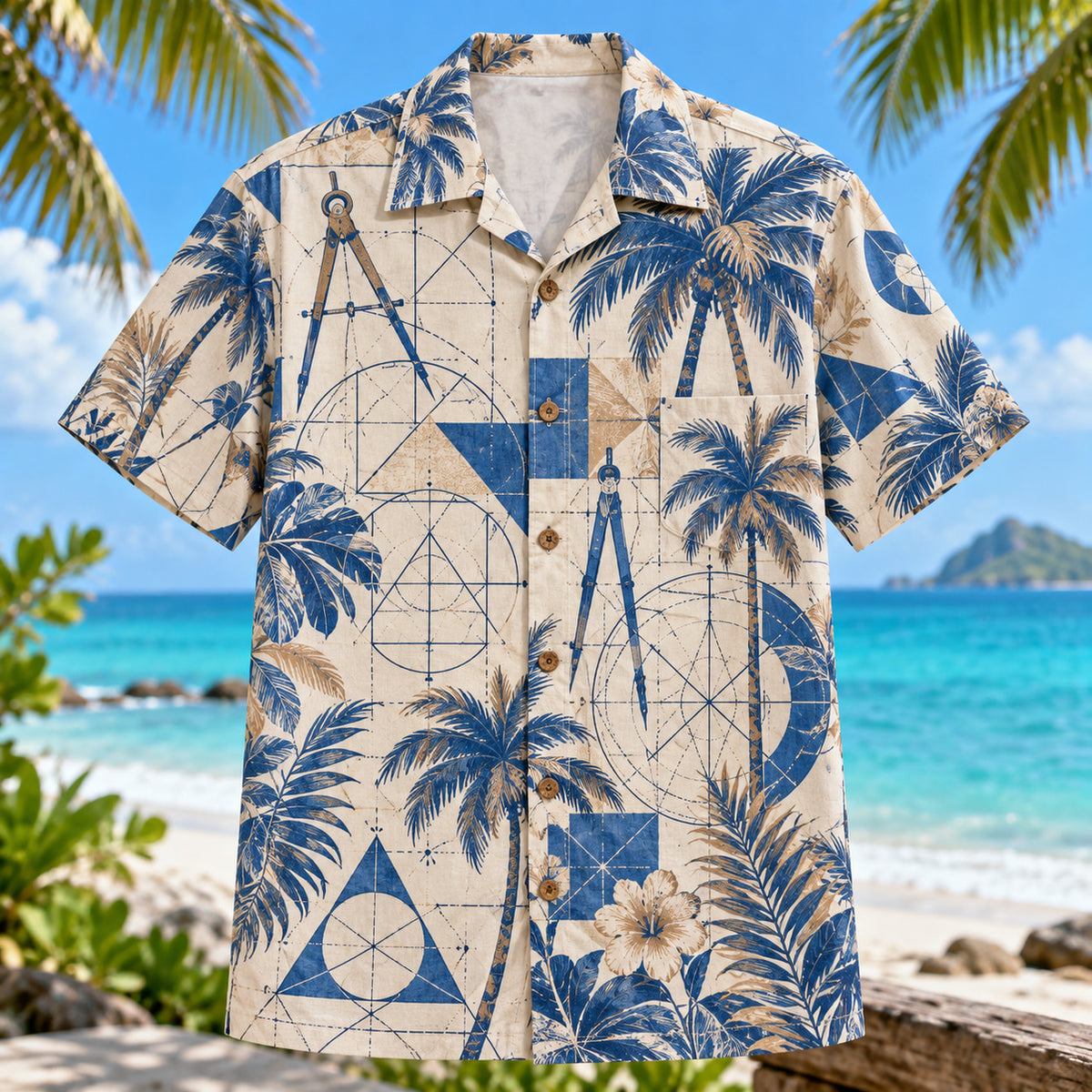 Front view of Compass Construction Mathematics Hawaiian Shirt with generic compass and straightedge geometric constructions among palms