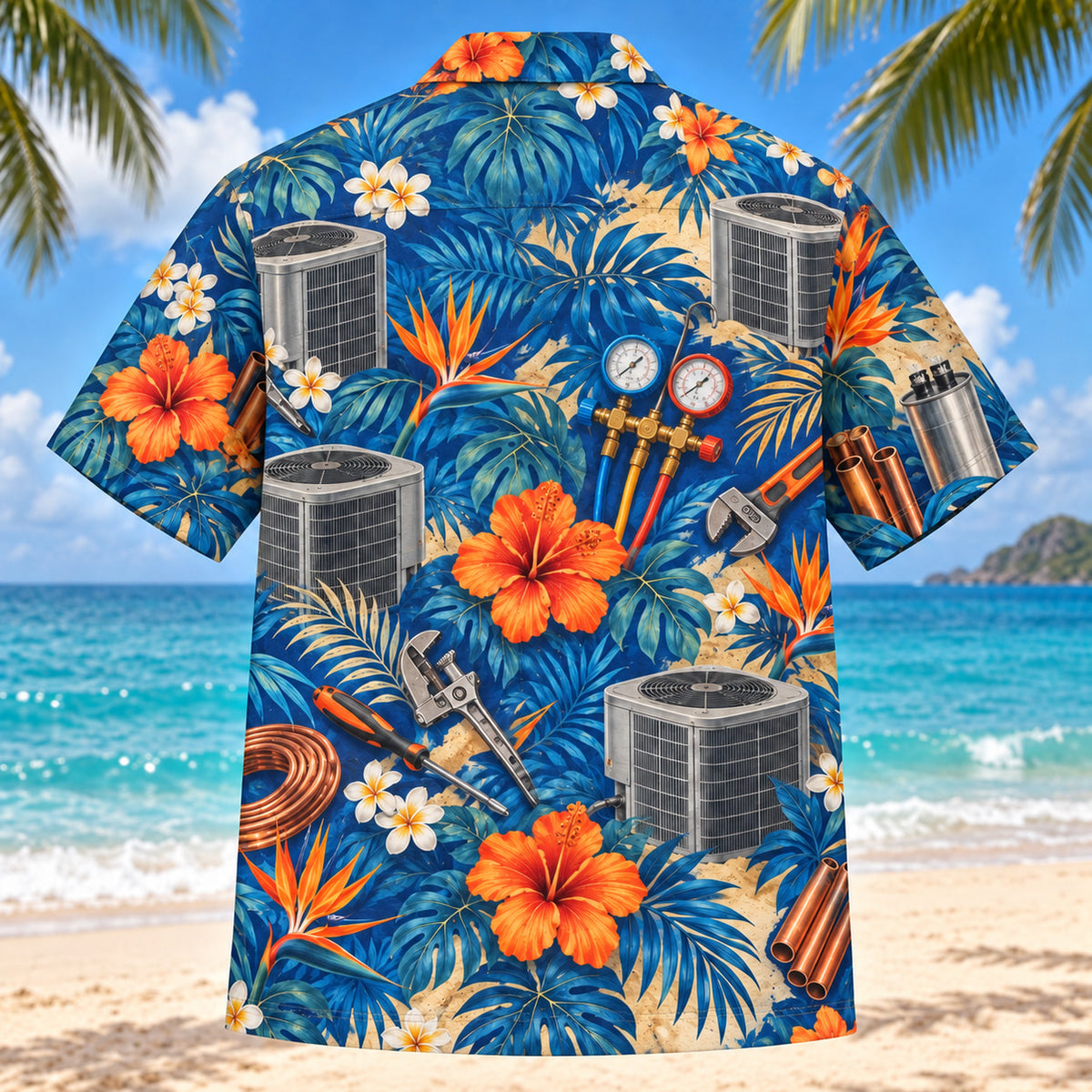 Back view of Condenser HVAC Hawaiian Shirt with matching artwork in cobalt, sand, orange