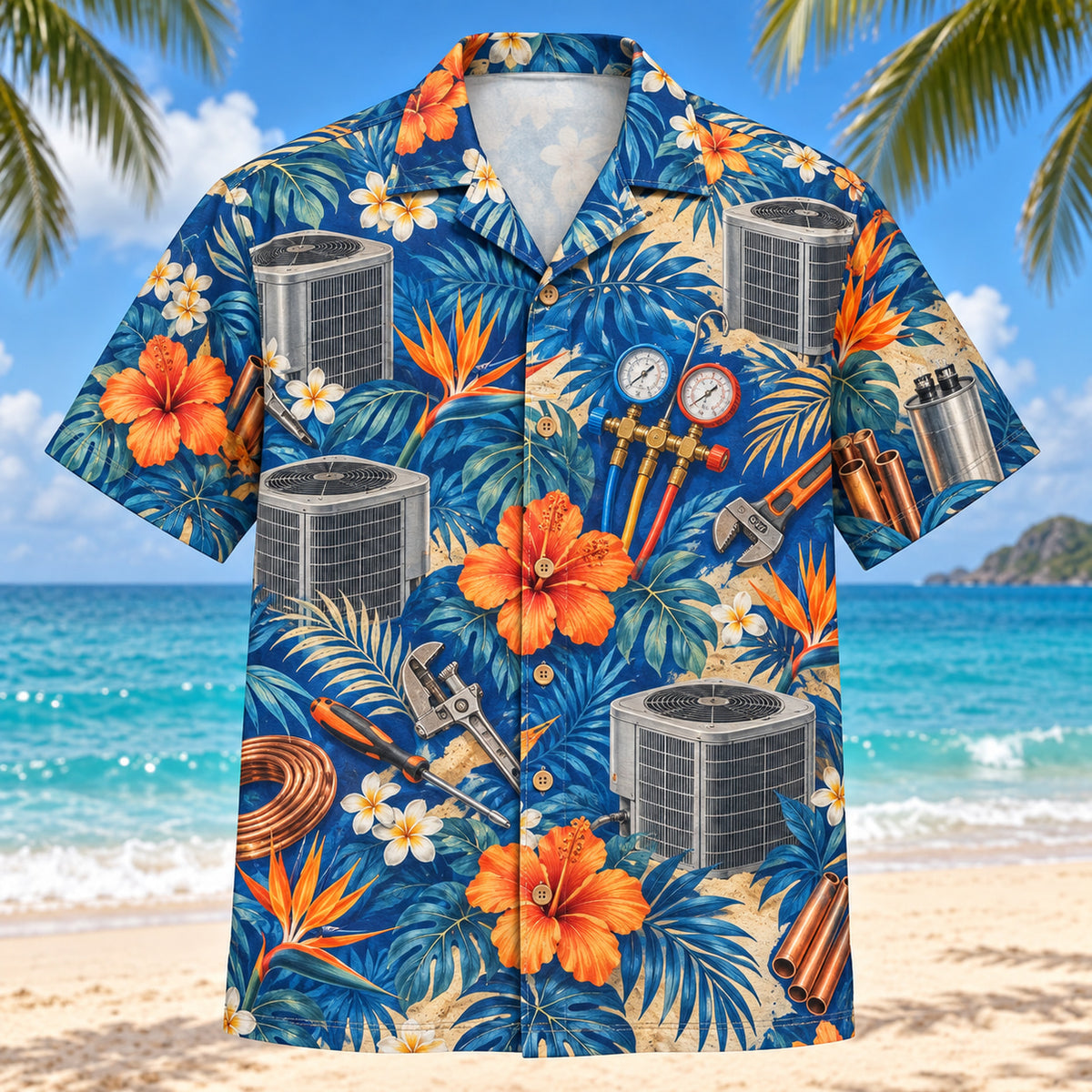 Front view of Condenser HVAC Hawaiian Shirt with original condenser motifs, with tropical botanical accents; no text or branded equipment