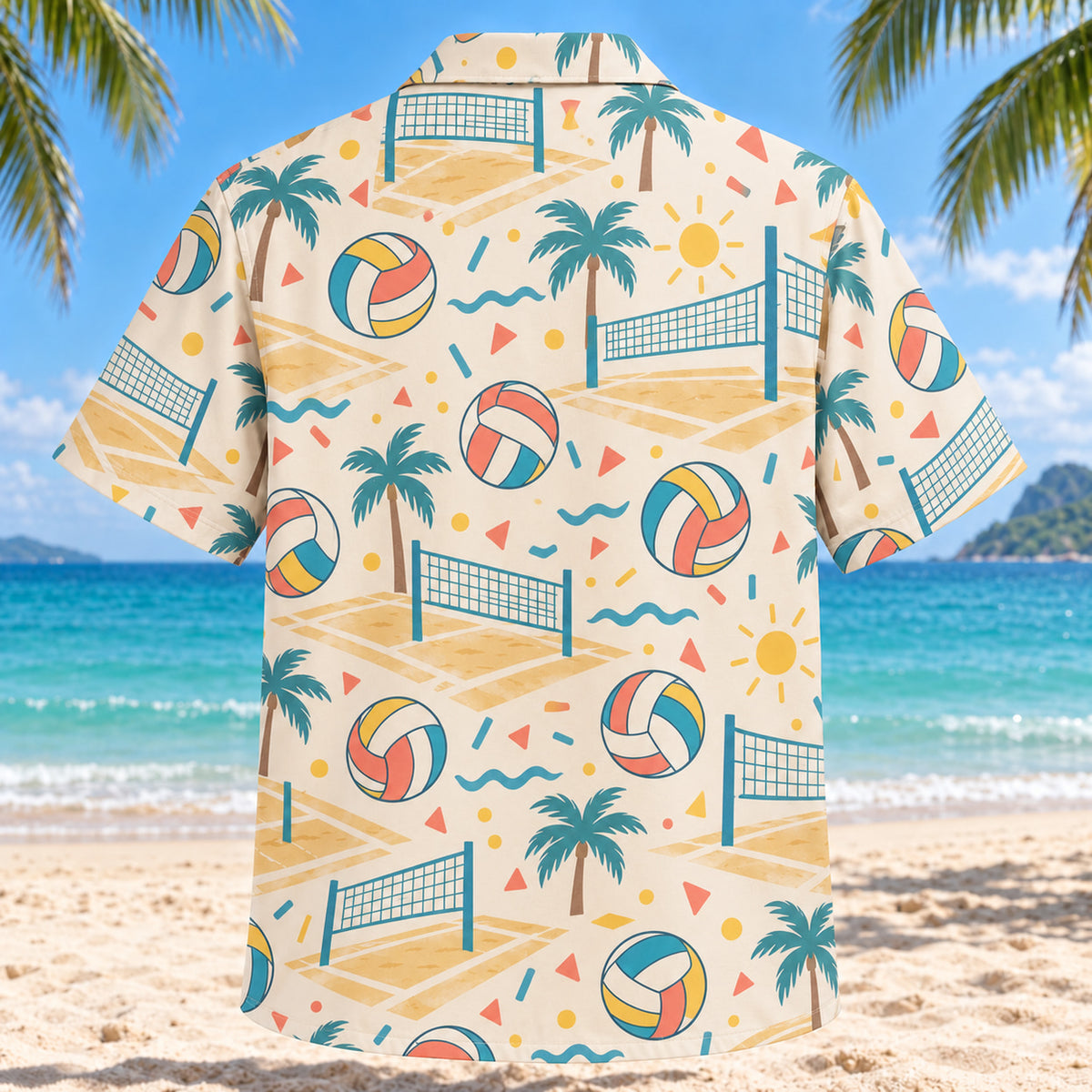 Back view of Confetti Beach Volleyball Hawaiian Shirt with matching beach volleyball artwork in cream, coral, teal, butter yellow