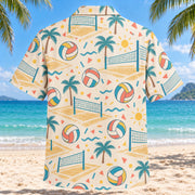 Back view of Confetti Beach Volleyball Hawaiian Shirt with matching beach volleyball artwork in cream, coral, teal, butter yellow