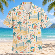 Front view of Confetti Beach Volleyball Hawaiian Shirt with playfully scattered generic paneled volleyballs, beach volleyball nets and sand-court lines and small abstract confetti
