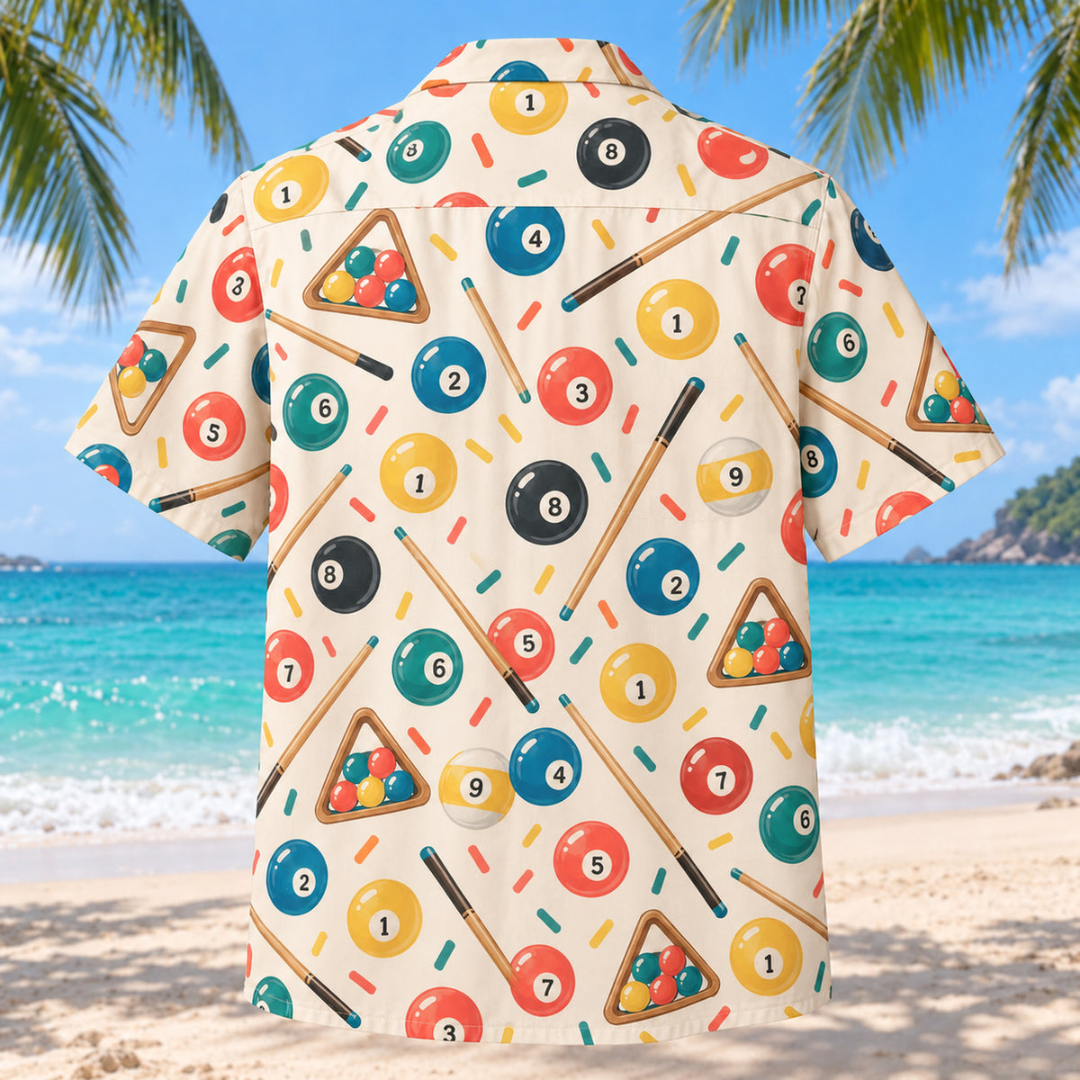 Back view of Confetti Billiards Hawaiian Shirt with matching billiards artwork in cream, coral, teal, butter yellow