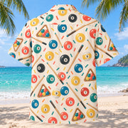 Back view of Confetti Billiards Hawaiian Shirt with matching billiards artwork in cream, coral, teal, butter yellow