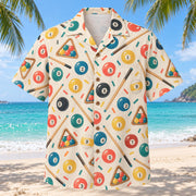 Front view of Confetti Billiards Hawaiian Shirt with playfully scattered numbered pool balls, plain cue sticks and simple racking triangles and small abstract confetti