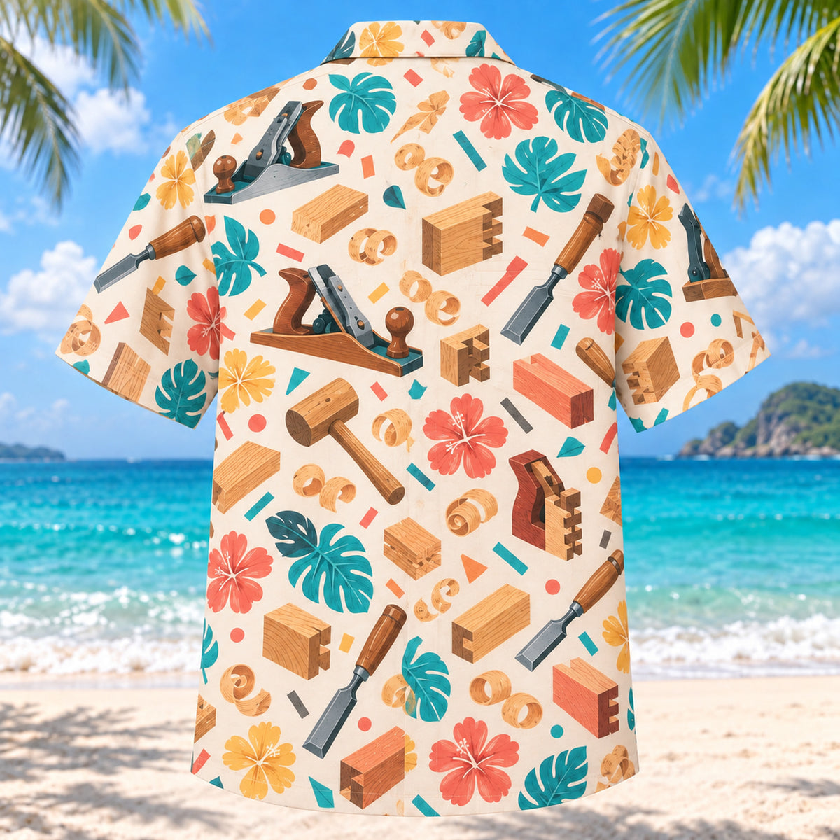 Back view of Confetti Carpenter Hawaiian Shirt with matching carpenter artwork in cream, coral, teal, butter yellow