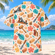 Back view of Confetti Carpenter Hawaiian Shirt with matching carpenter artwork in cream, coral, teal, butter yellow