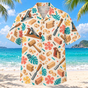 Front view of Confetti Carpenter Hawaiian Shirt with playfully scattered vintage hand planes, chisels, wood joints, shavings and original wood grain and small abstract confetti