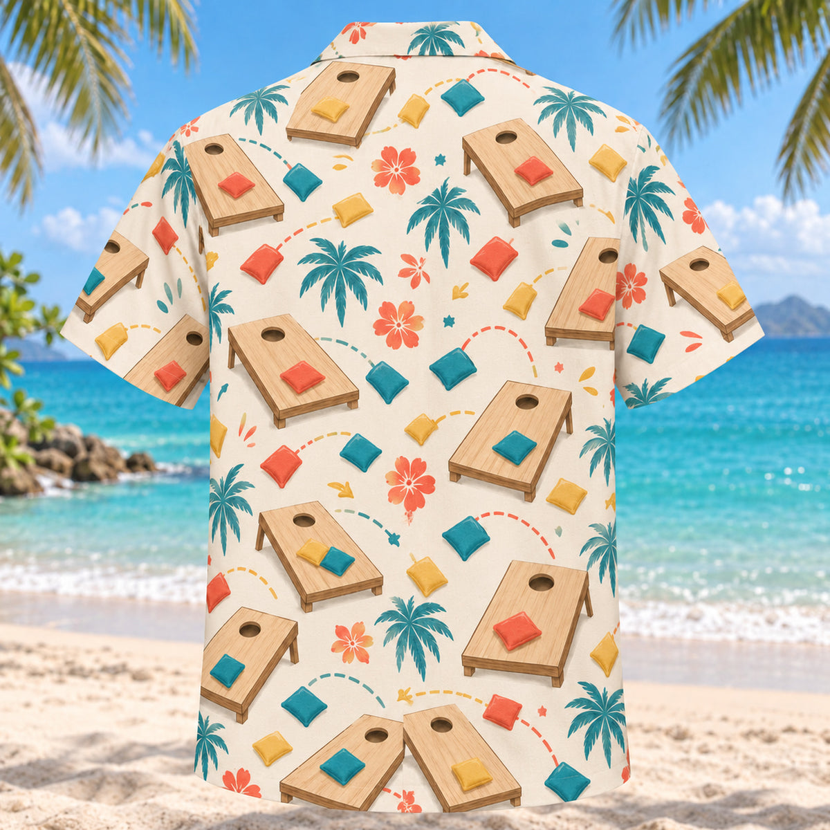Back view of Confetti Cornhole Hawaiian Shirt with matching cornhole artwork in cream, coral, teal, butter yellow