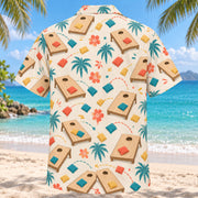 Back view of Confetti Cornhole Hawaiian Shirt with matching cornhole artwork in cream, coral, teal, butter yellow