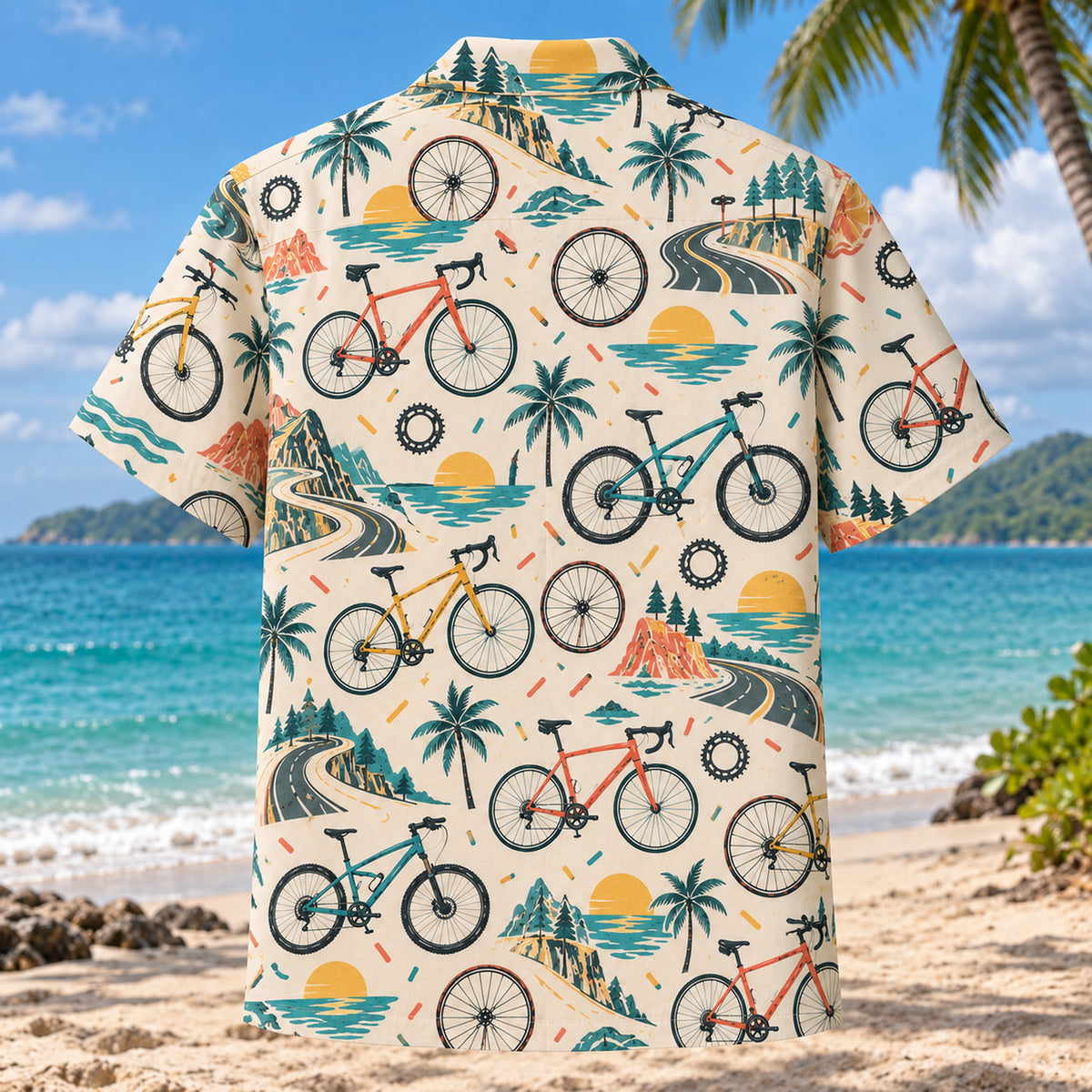 Back view of Confetti Cycling Hawaiian Shirt with matching cycling artwork in cream, coral, teal, butter yellow