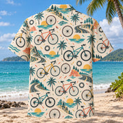 Back view of Confetti Cycling Hawaiian Shirt with matching cycling artwork in cream, coral, teal, butter yellow