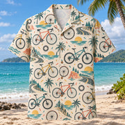 Front view of Confetti Cycling Hawaiian Shirt with playfully scattered generic unbranded bicycles, spinning wheels and simple chainrings and small abstract confetti