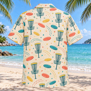 Back view of Confetti Disc Golf Hawaiian Shirt with matching disc golf artwork in cream, coral, teal, butter yellow
