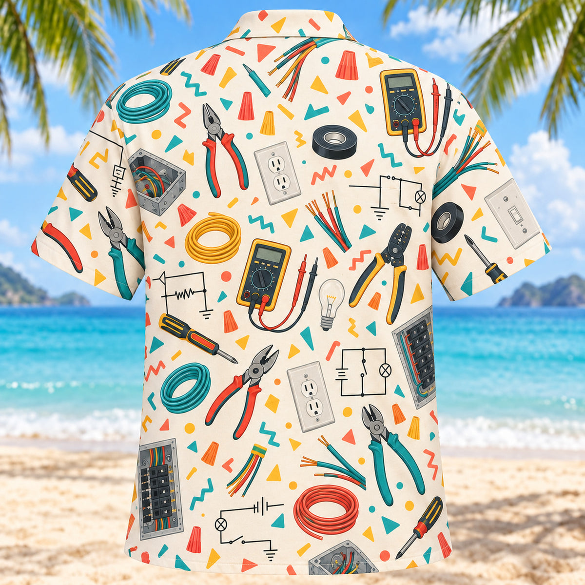 Back view of Confetti Electrician Hawaiian Shirt with matching electrician artwork in cream, coral, teal, butter yellow