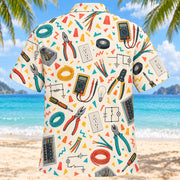 Back view of Confetti Electrician Hawaiian Shirt with matching electrician artwork in cream, coral, teal, butter yellow
