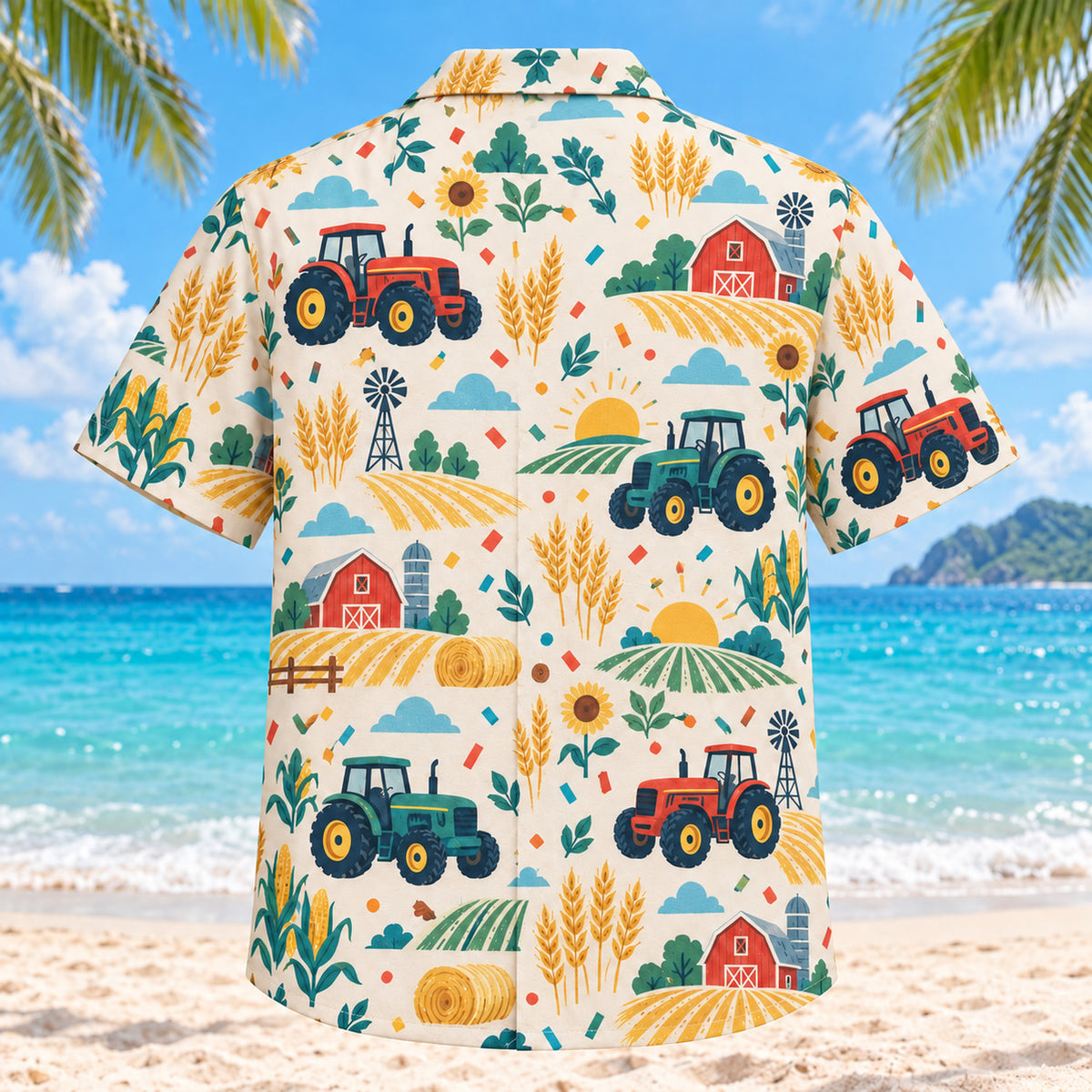 Back view of Confetti Farmer and Tractor Hawaiian Shirt with matching farmer and tractor artwork in cream, coral, teal, butter yellow