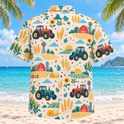 Back view of Confetti Farmer and Tractor Hawaiian Shirt with matching farmer and tractor artwork in cream, coral, teal, butter yellow
