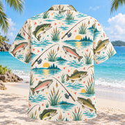 Back view of Confetti Freshwater Fishing Hawaiian Shirt with matching freshwater fishing artwork in cream, coral, teal, butter yellow