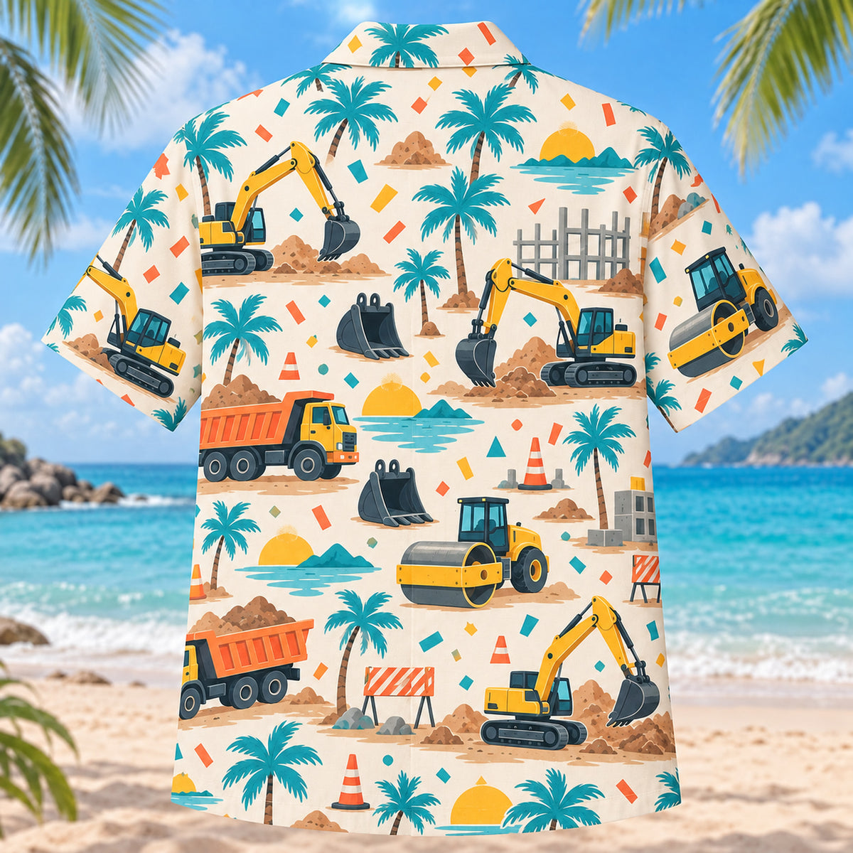 Back view of Confetti Heavy Equipment Operator Hawaiian Shirt with matching heavy equipment operator artwork in cream, coral, teal, butter yellow