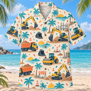 Front view of Confetti Heavy Equipment Operator Hawaiian Shirt with playfully scattered generic excavators, rollers, buckets and original construction scenes and small abstract confetti