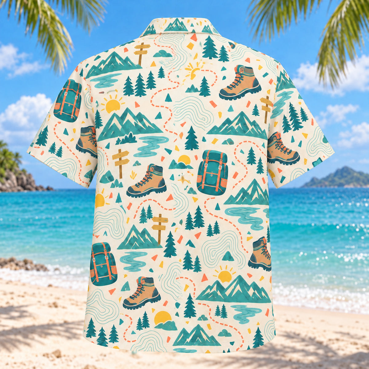 Back view of Confetti Hiking and Backpacking Hawaiian Shirt with matching hiking and backpacking artwork in cream, coral, teal, butter yellow