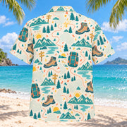 Back view of Confetti Hiking and Backpacking Hawaiian Shirt with matching hiking and backpacking artwork in cream, coral, teal, butter yellow