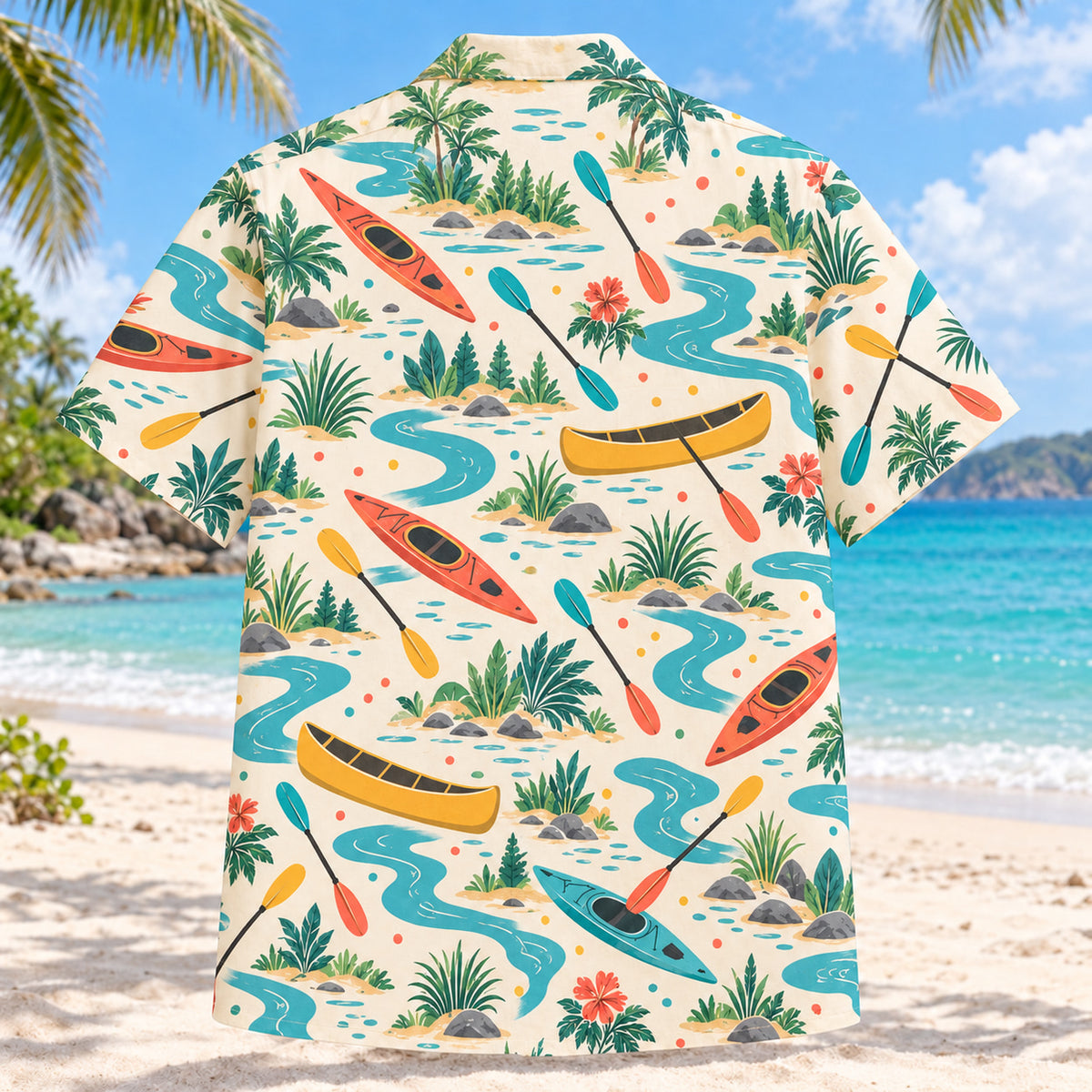 Back view of Confetti Kayak and Canoe Hawaiian Shirt with matching kayak and canoe artwork in cream, coral, teal, butter yellow