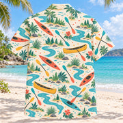 Back view of Confetti Kayak and Canoe Hawaiian Shirt with matching kayak and canoe artwork in cream, coral, teal, butter yellow