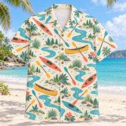 Front view of Confetti Kayak and Canoe Hawaiian Shirt with playfully scattered plain kayaks, canoes, paddles, river bends and bankside plants and small abstract confetti