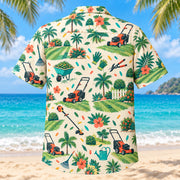 Back view of Confetti Landscaper Hawaiian Shirt with matching landscaper artwork in cream, coral, teal, butter yellow