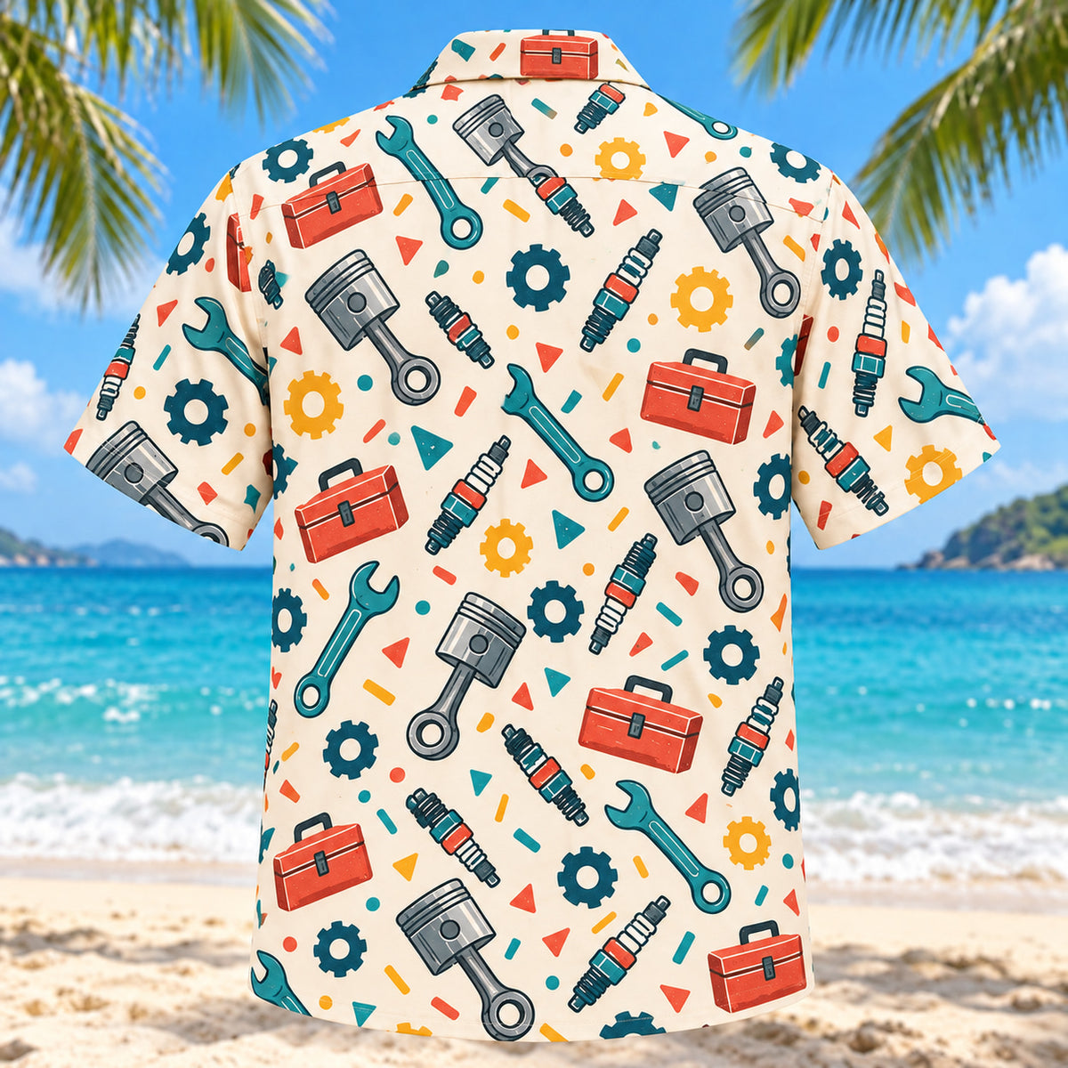 Back view of Confetti Mechanic Hawaiian Shirt with matching mechanic artwork in cream, coral, teal, butter yellow
