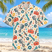 Front view of Confetti Mechanic Hawaiian Shirt with playfully scattered generic pistons, spark plugs, wrenches, toolboxes and gears and small abstract confetti