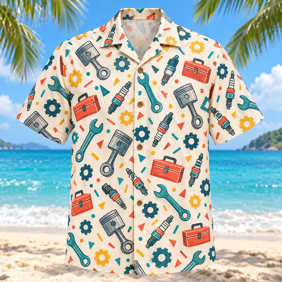 Front view of Confetti Mechanic Hawaiian Shirt with playfully scattered generic pistons, spark plugs, wrenches, toolboxes and gears and small abstract confetti