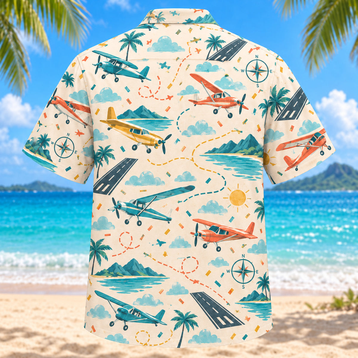 Back view of Confetti Pilot and Aviation Hawaiian Shirt with matching pilot and aviation artwork in cream, coral, teal, butter yellow