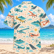 Back view of Confetti Pilot and Aviation Hawaiian Shirt with matching pilot and aviation artwork in cream, coral, teal, butter yellow
