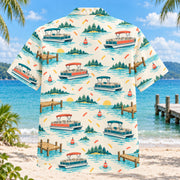 Back view of Confetti Pontoon Boating Hawaiian Shirt with matching pontoon boating artwork in cream, coral, teal, butter yellow