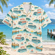 Front view of Confetti Pontoon Boating Hawaiian Shirt with playfully scattered generic pontoon boats, lake docks, buoys and calm-water ripples and small abstract confetti