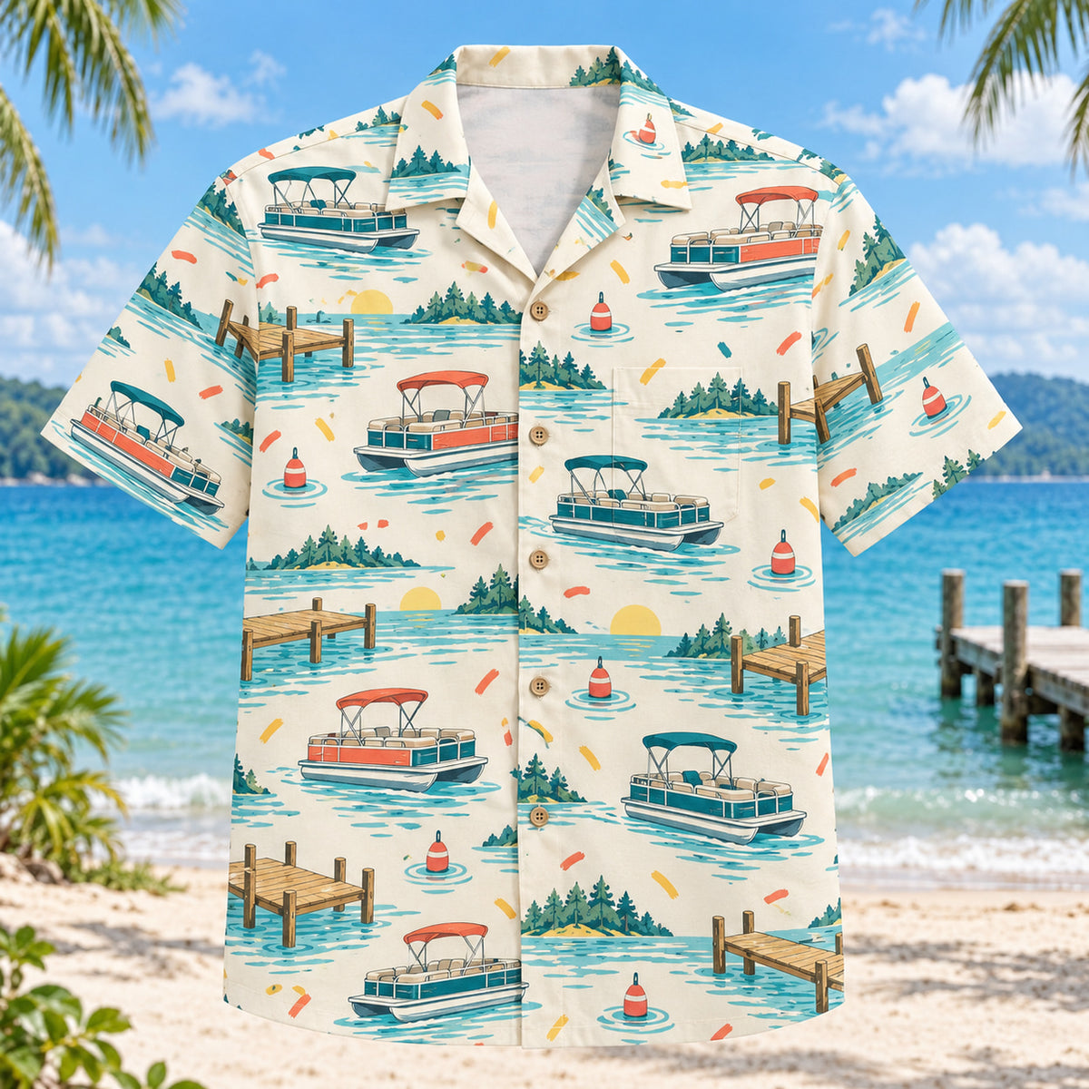 Front view of Confetti Pontoon Boating Hawaiian Shirt with playfully scattered generic pontoon boats, lake docks, buoys and calm-water ripples and small abstract confetti