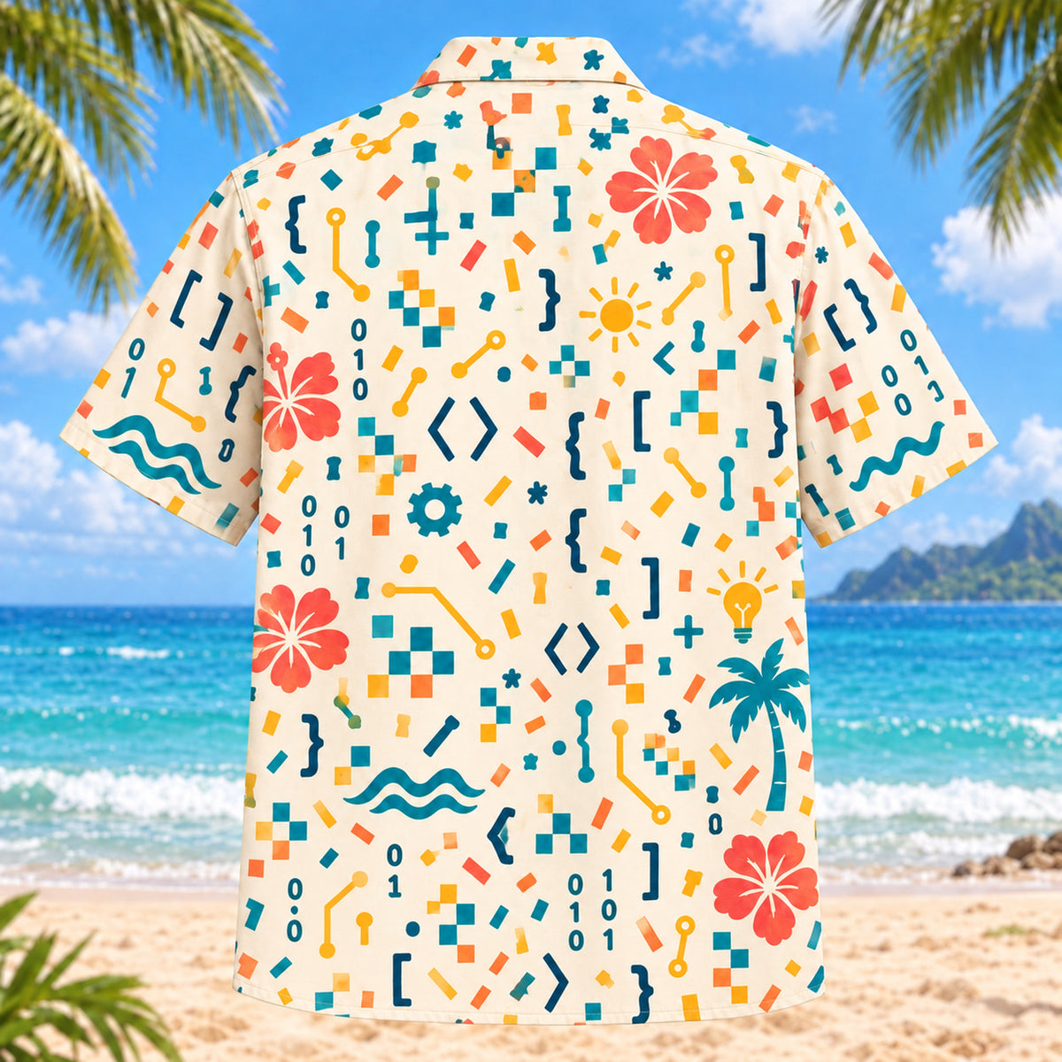 Back view of Confetti Programmer Hawaiian Shirt with matching programmer artwork in cream, coral, teal, butter yellow