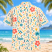 Back view of Confetti Programmer Hawaiian Shirt with matching programmer artwork in cream, coral, teal, butter yellow