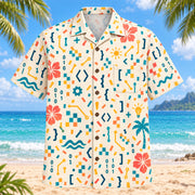 Front view of Confetti Programmer Hawaiian Shirt with playfully scattered original brackets, readable self-written pseudocode, binary patterns, pixels and invented debugging symbols and small abstract confetti